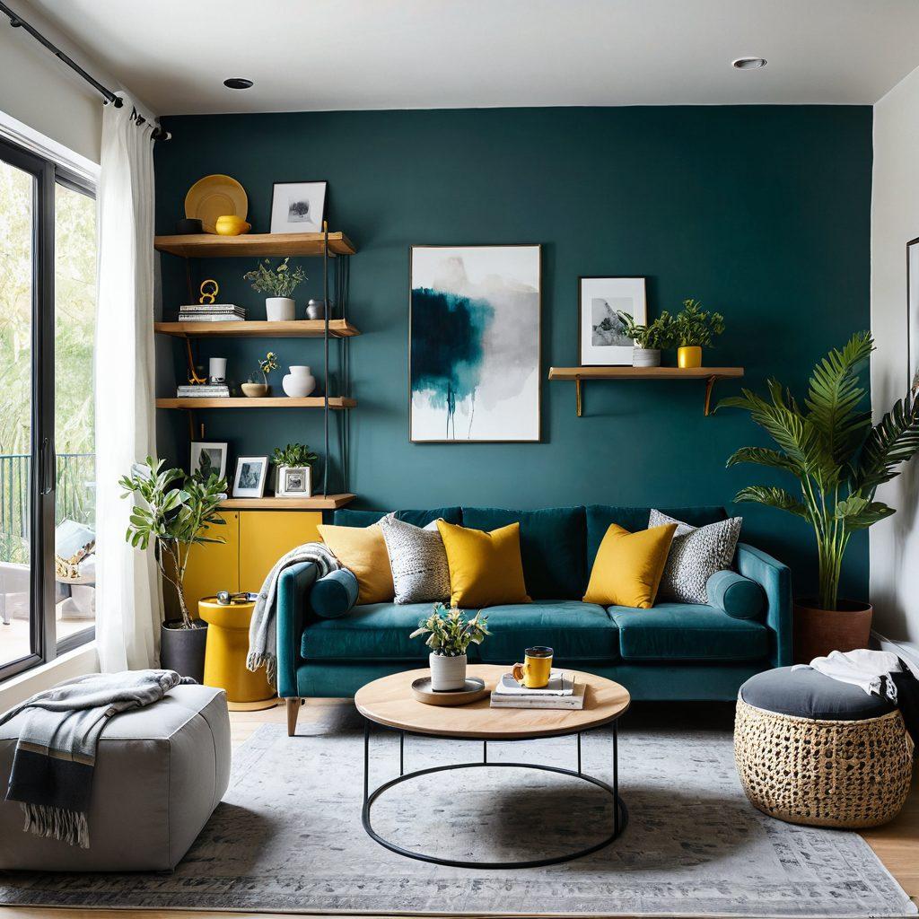 A cozy and stylish living room showcasing bold color combinations, innovative furniture arrangements, and unique decor elements that inspire creativity. Include a modern kitchen with open shelves filled with plants and artistic cookware, alongside a tranquil bedroom with soothing tones and layered textures. Highlight transformation and potential throughout the spaces. super-realistic. vibrant colors. warm lighting.