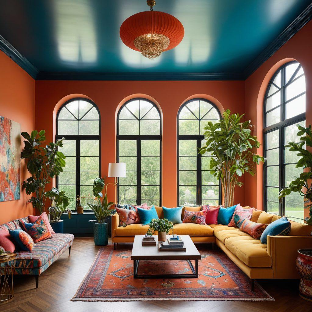 A beautifully styled living room showcasing innovative furniture designs, featuring a mix of modern and vintage pieces. Include vibrant throw pillows, a striking coffee table, and unique lighting fixtures, all set against a backdrop of stylish decor. The scene should evoke a sense of comfort and creativity, inspiring viewers to transform their own spaces. super-realistic. vibrant colors. bright natural lighting.
