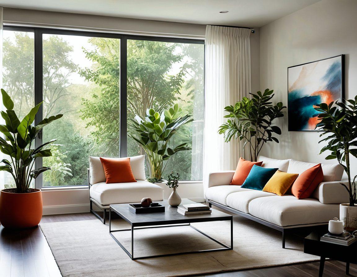 A modern living room showcasing a blend of innovative home styling concepts: sleek furniture, lush indoor plants, and soft ambient lighting. Include pops of color with abstract art on the walls and a cozy reading nook by a window. The layout should feel open and inviting, emphasizing the transition from idea to realization in home decor. super-realistic. vibrant colors. warm lighting.